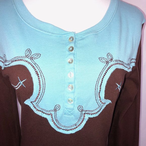 Back In The Saddle Embroidered Vintage Henley Western Style Knit Top Stretch - Picture 3 of 8